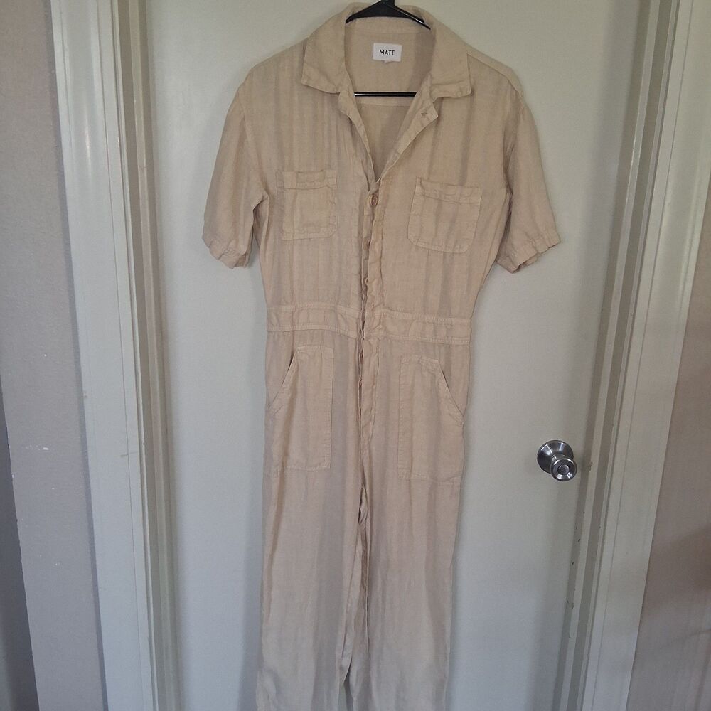 MATE the Label Organic Linen Short Sleeve Utility Jumpsuit S Beige Minimalist